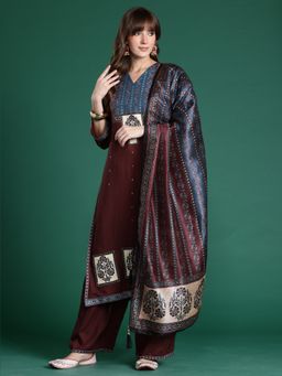 Indo Era - Maroon Printed Straight Kurta with Palazzos and Dupatta