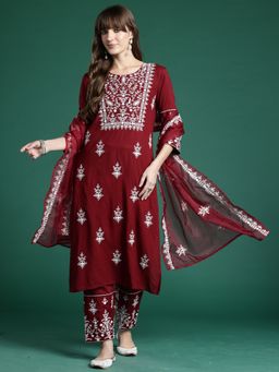 Indo Era - Maroon Embroidered Straight Kurta With Pant And Dupatta