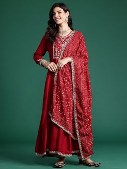 Indo Era - Red Embroidered A-Line Kurta With Pant And Dupatta