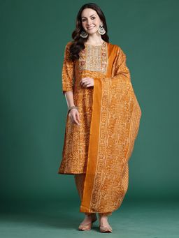 Indo Era - Mustard Printed Straight Kurta With Pant And Dupatta