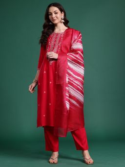 Indo Era - Pink Floral Straight Kurta With Pant And Dupatta