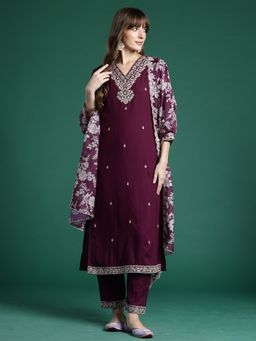 Indo Era - Wine Embroidered Straight Kurta With Pant And Dupatta
