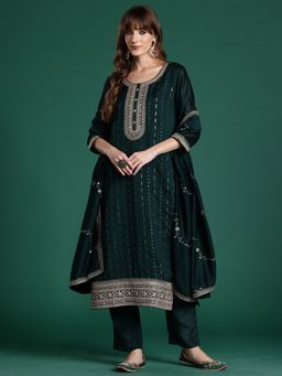 Indo Era - Green Embroidered Straight Kurta With Pant And Dupatta