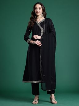 Indo Era - Black Embroidered A-Line Kurta With Pant And Dupatta