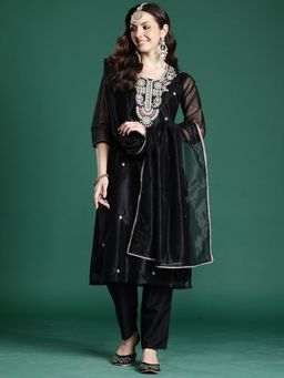 Indo Era - Black Embroidered Straight Kurta With Pant And Dupatta