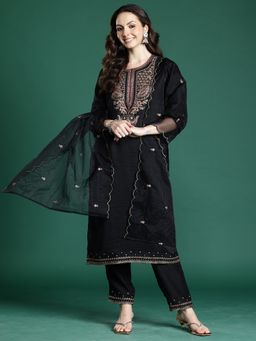 Indo Era - Black Embroidered Straight Kurta With Pant And Dupatta