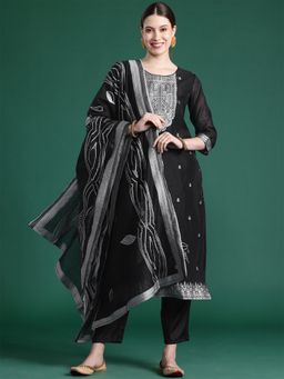 Indo Era - Black Woven Design Straight Kurta with Pant and Dupatta