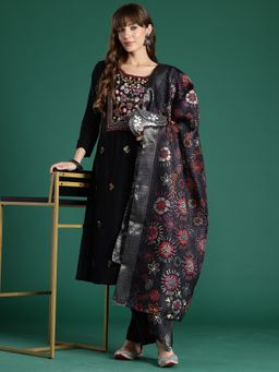 Indo Era - Black Floral Straight Kurta With Pant And Dupatta