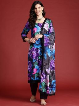 Indo Era - Black Floral Kurta With Pant And Dupatta