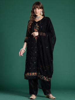 Indo Era - Black Floral Straight Kurta With Pant And Dupatta