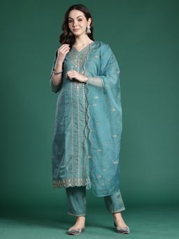 Indo Era - Blue Embroidered Straight Kurta With Pant And Dupatta
