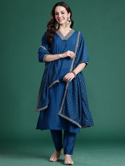 Indo Era - Blue Solid Embroidered Straight Kurta With Pant And Dupatta