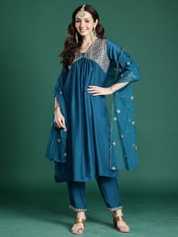 Indo Era - Blue Embroidered A-Line Kurta With Pant And Dupatta