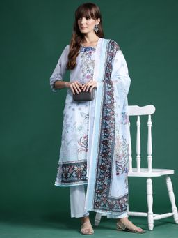 Indo Era - Blue Floral Printed Straight Kurta With Pant And Dupatta