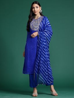 Indo Era - Blue Printed Straight Kurta With Pant And Dupatta