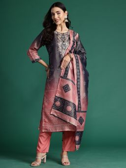 Indo Era - Black Printed Embroidered Straight Kurta With Pant And Dupatta