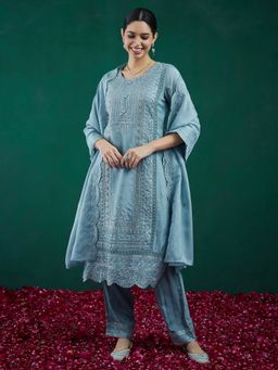 Indo Era - Blue Embroidered Straight Kurta With Pant And Dupatta