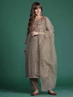 Indo Era - Brown Floral Straight Kurta With Pant And Dupatta