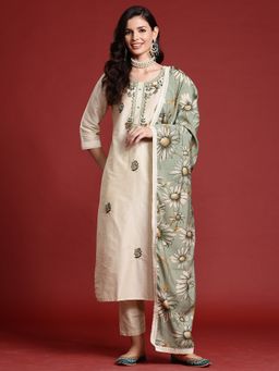 Indo Era - Cream Floral Straight Kurta With Pant And Dupatta