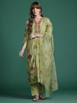 Indo Era - Green Floral Straight Kurta With Pant And Dupatta