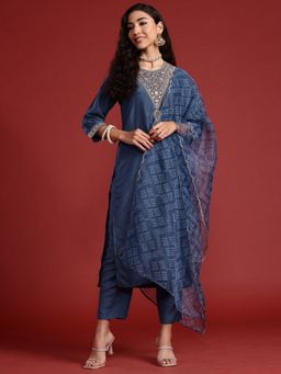 Indo Era - Blue Embroidered Straight Kurta With Pant And Dupatta