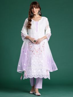 Indo Era - Lavender Floral Straight Kurta With Pant And Dupatta