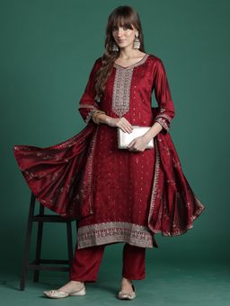 Indo Era - Maroon Embroidered Straight Kurta With Pant And Dupatta