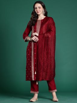 Indo Era - Maroon Embroidered Straight Kurta With Pant And Dupatta