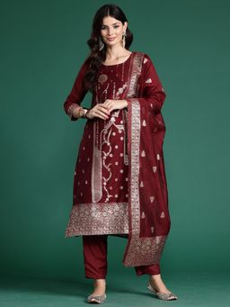Indo Era - Maroon Woven Design Straight Kurta With Pant And Dupatta