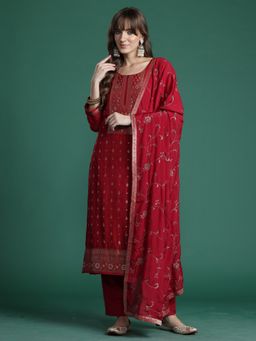 Indo Era - Red Woven Design Straight Kurta With Pant And Dupatta