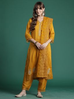 Indo Era - Mustard Embroidered Straight Kurta With Pant And Dupatta