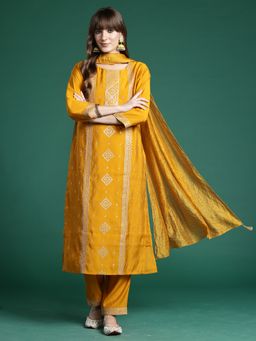 Indo Era - Mustard Embroidered Straight Kurta With Pant And Dupatta