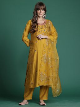 Indo Era - Mustard Embroidered Straight Kurta With Pant And Dupatta