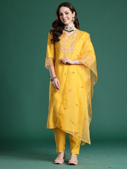 Indo Era - Mustard Solid Straight Kurta With Pant And Dupatta