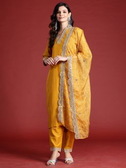 Indo Era - Mustard Solid Embroidered Straight Kurta With Pant And Dupatta