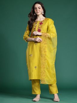 Indo Era - Mustard Floral Straight Kurta With Pant And Dupatta