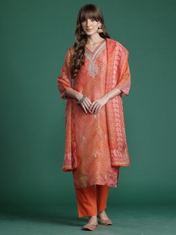 Indo Era - Orange Printed Embroidered Straight Kurta With Pant And Dupatta