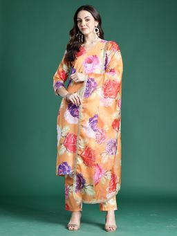 Indo Era - Orange Floral Printed Straight Kurta With Pant And Dupatta