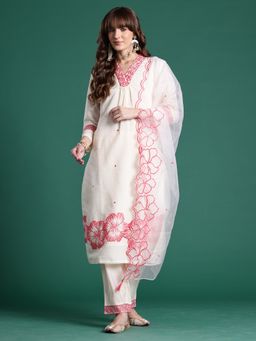 Indo Era - Off White Floral Straight Kurta With Pant And Dupatta