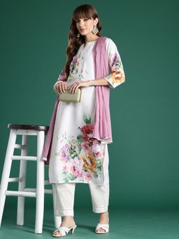 Indo Era - Off White Floral Printed Straight Kurta With Pant And Dupatta
