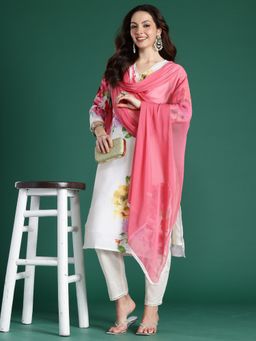 Indo Era - Off White Floral Printed Straight Kurta With Pant And Dupatta