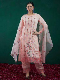 Indo Era - Peach Floral Straight Kurta With Pant And Dupatta