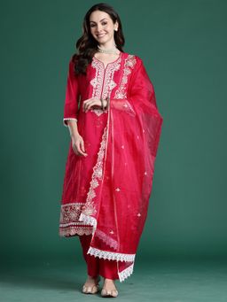 Indo Era - Pink Embroidered Straight Kurta With Pant And Dupatta