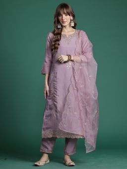 Indo Era - Lavender Embroidered Straight Kurta With Pant And Dupatta