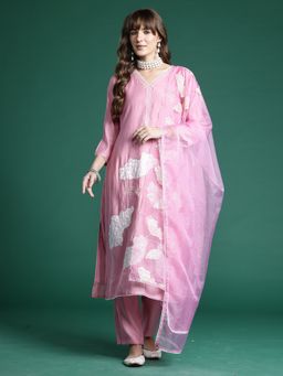 Indo Era - Pink Floral Straight Kurta With Pant And Dupatta