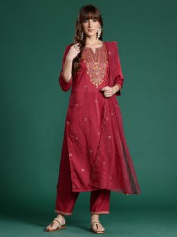 Indo Era - Maroon Embroidered Straight Kurta With Pant And Dupatta