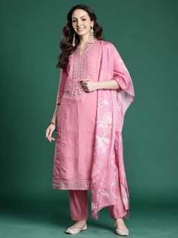 Indo Era - Pink Embroidered Straight Kurta With Pant And Dupatta