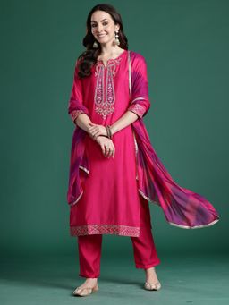 Indo Era - Pink Straight Kurta With Pant And Dupatta