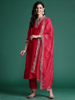 Indo Era - Red Solid Embroidered Straight Kurta With Pant And Dupatta