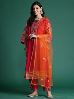 Indo Era - Pink Embroidered Straight Kurta With Pant And Dupatta